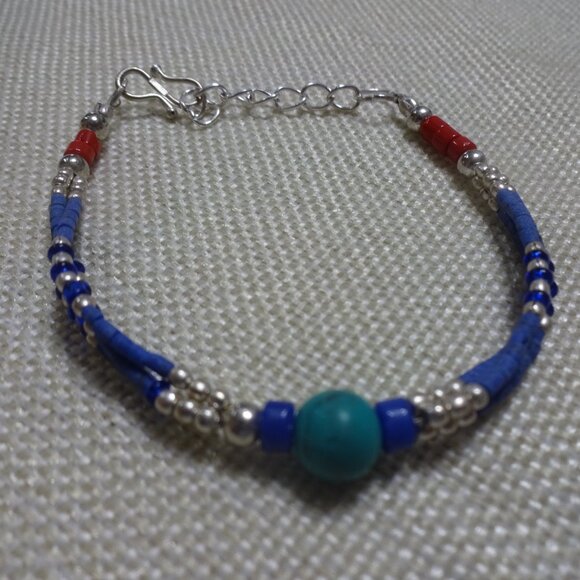 Tribal BLUE LAPIS, RED CORAL & TURQUOISE Beaded Silver Bracelet Size 7.5" #963B - Picture 2 of 3
